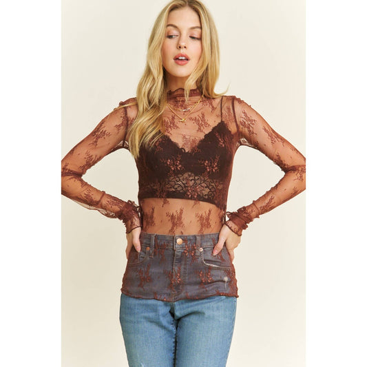 BROWN MESH LACE TOP