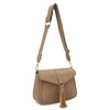 Distressed Vegan Leather Flapover Crossbody Bag with Tassel