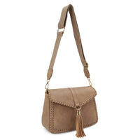 Distressed Vegan Leather Flapover Crossbody Bag with Tassel