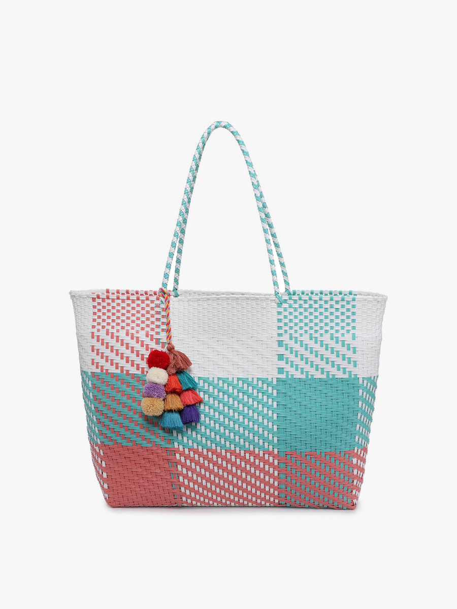 Sylvia Med Handwoven Tote w/ Pom-Poms
