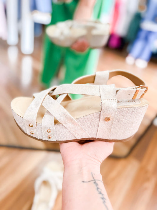 Bussola Formentera Cross Straps Wedge Sandal Bone or Brown