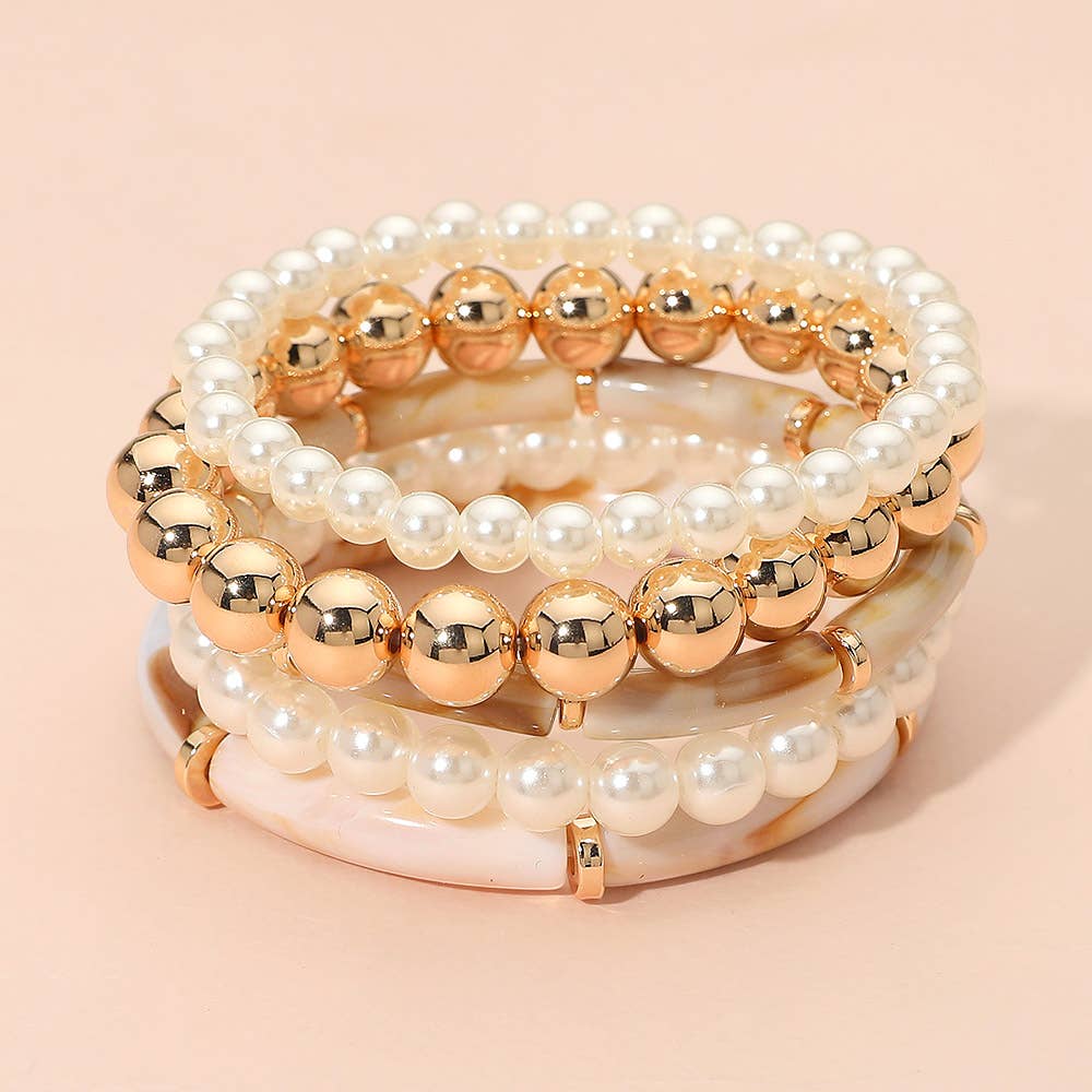 Pearl Metal Ball Beaded Stretch Multi Layered Bracelets