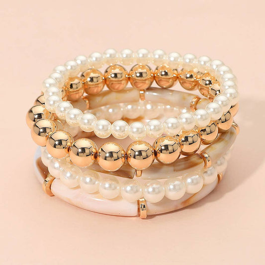 Pearl Metal Ball Beaded Stretch Multi Layered Bracelets