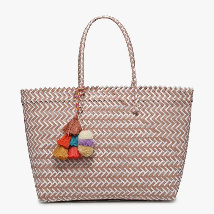 Shelby Large Handwoven Tote w/ Pom-Poms Three colors