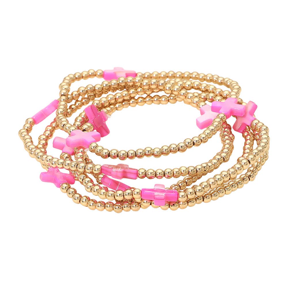 Cross Charm Beaded Stretch Multi Layered Bracelets Two Colors