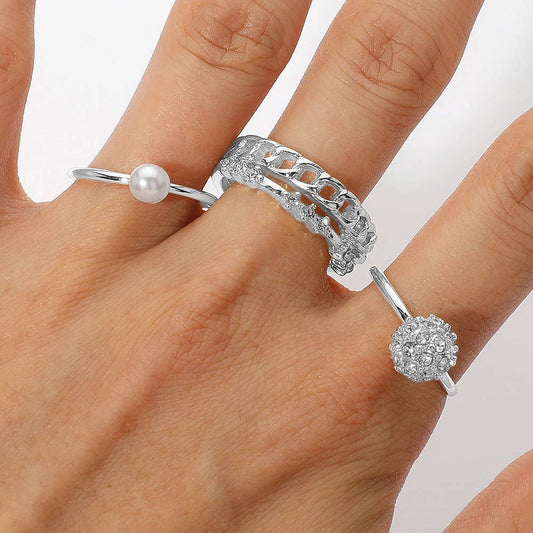 Pearl Stone Shamballa Accent Stackable Ring Set