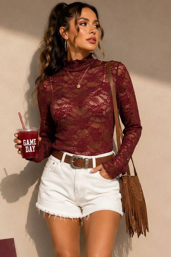 Burgundy Layer Me Lace High Neck Top