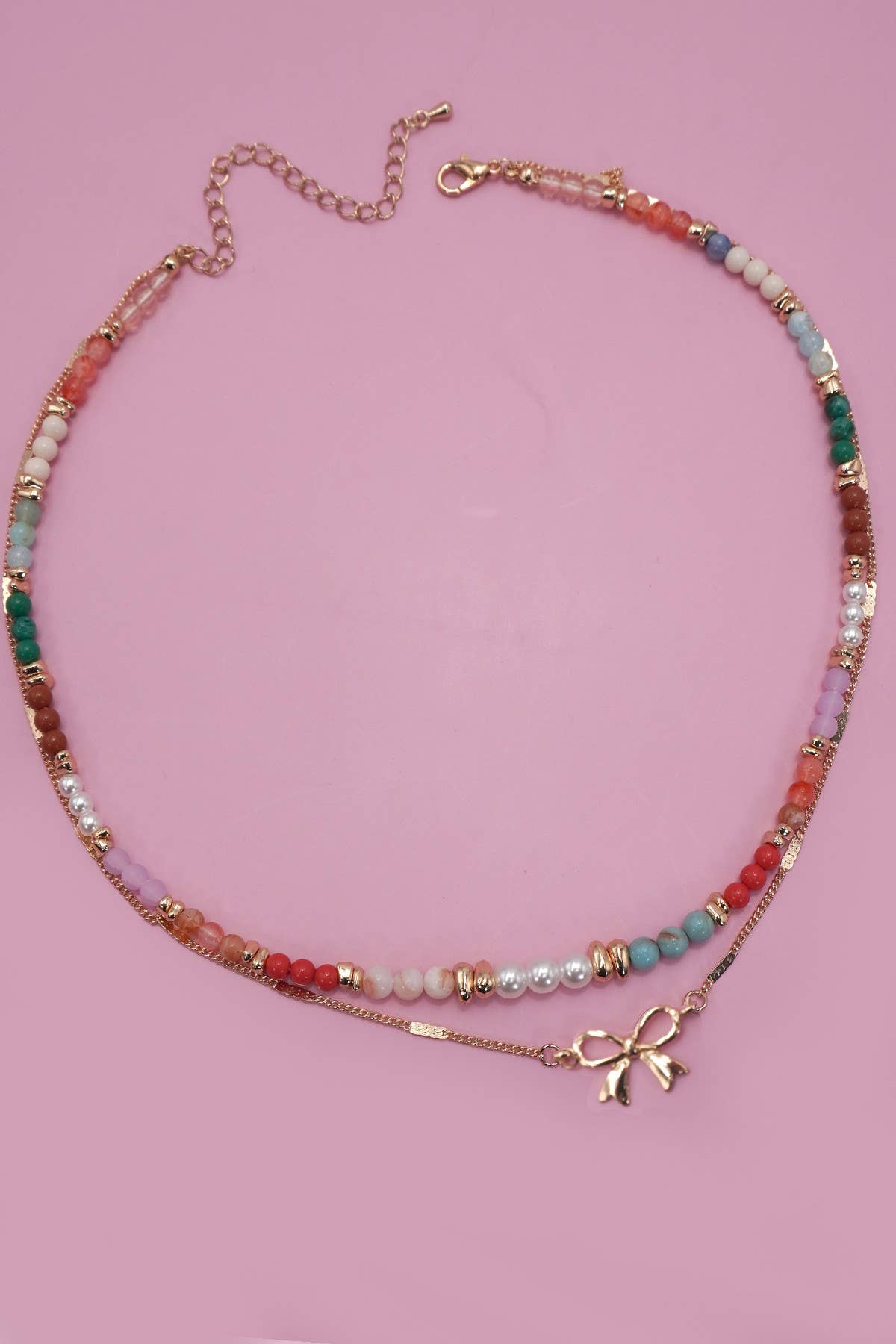 Gold Beaded Bow Heart Necklace