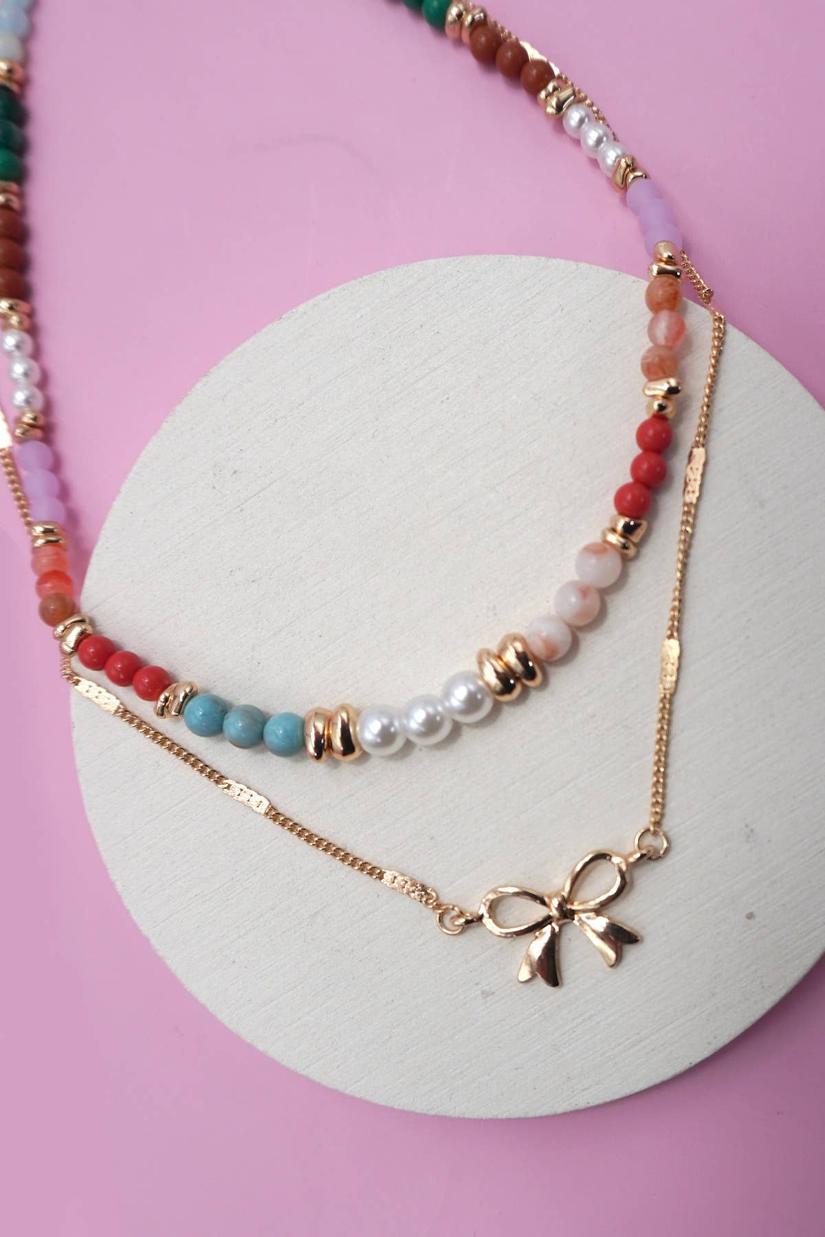 Gold Beaded Bow Heart Necklace
