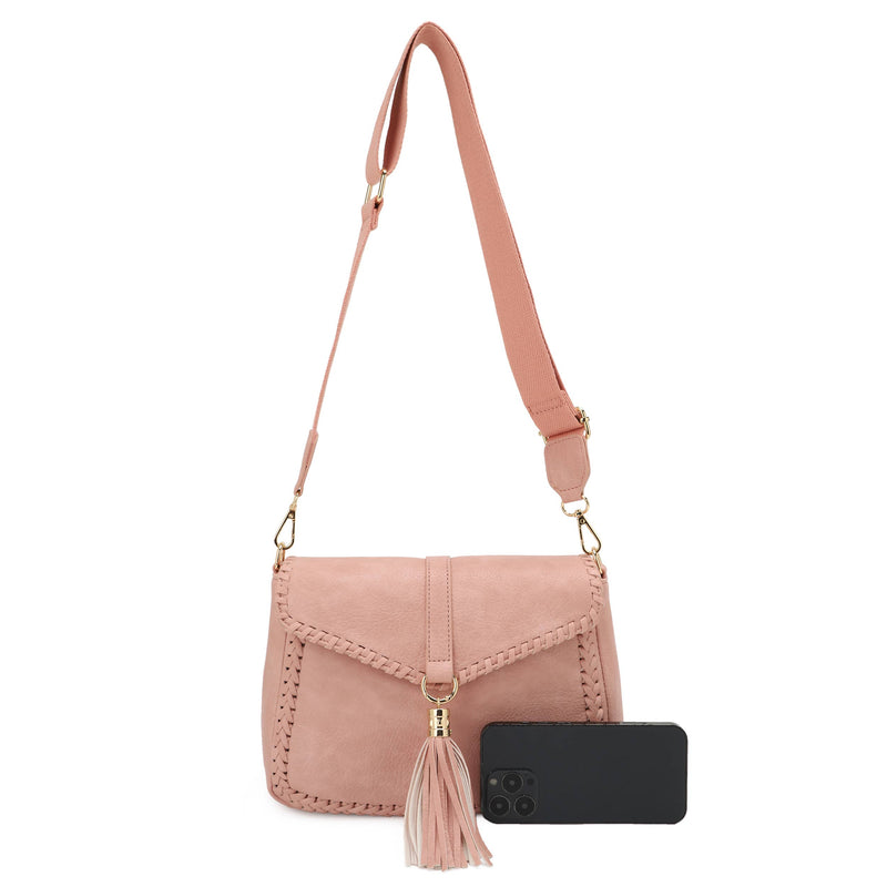 Distressed Vegan Leather Flapover Crossbody Bag with Tassel