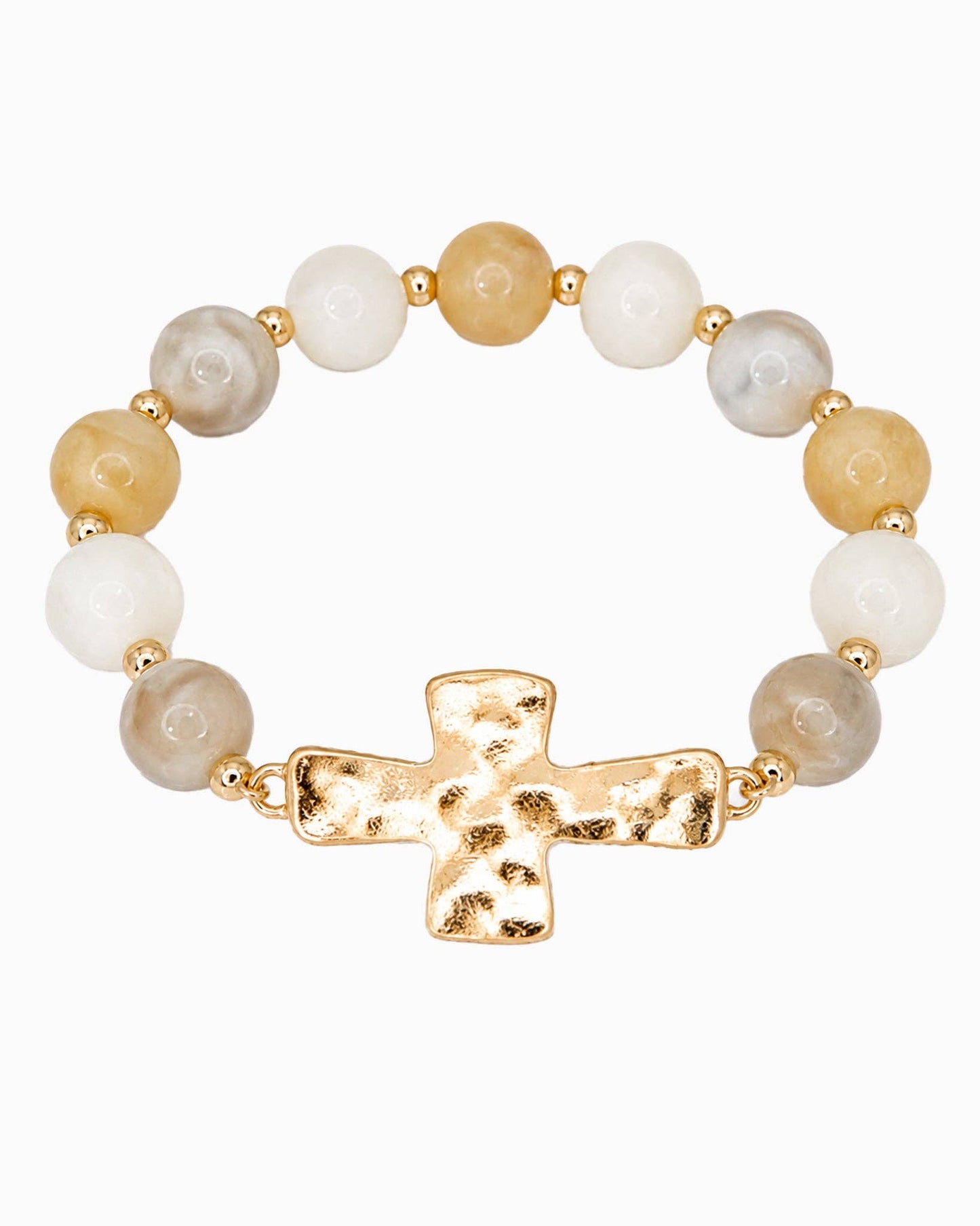 Hammered Cross Pendant Beaded Statement Bracelet - Ivory