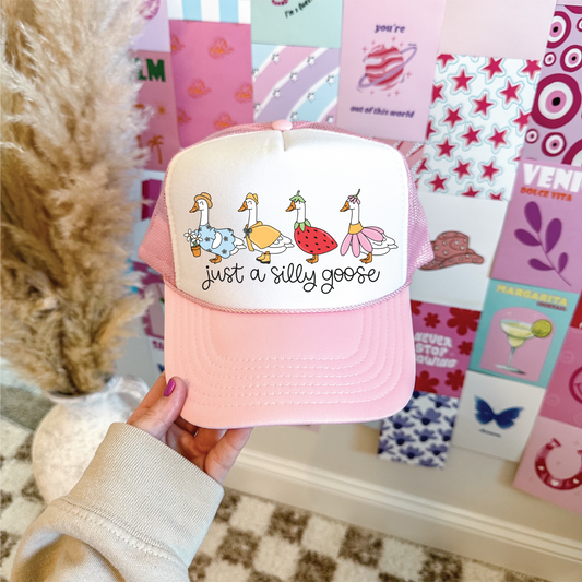 Just a Silly Goose Light Pink And White Trucker Hat