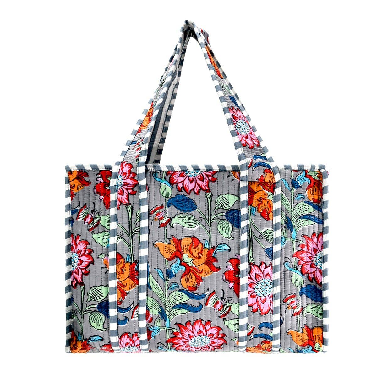 Blue Gray Cotton Block Print Large Tote Bag