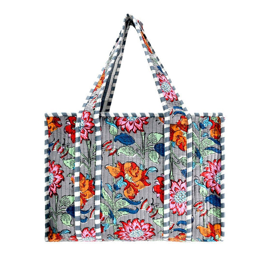 Blue Gray Cotton Block Print Large Tote Bag