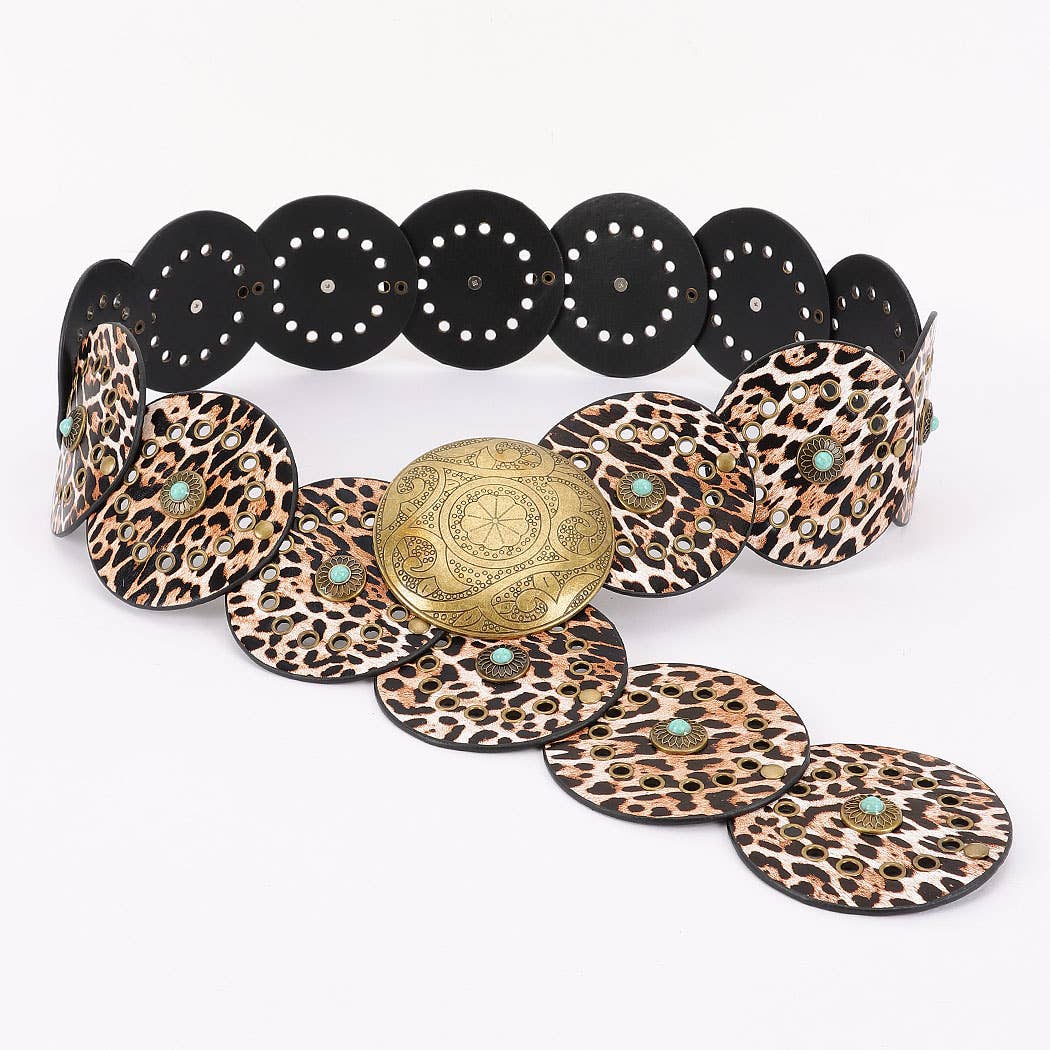 Faux Leather Disc Belt Leopard or Cow Print