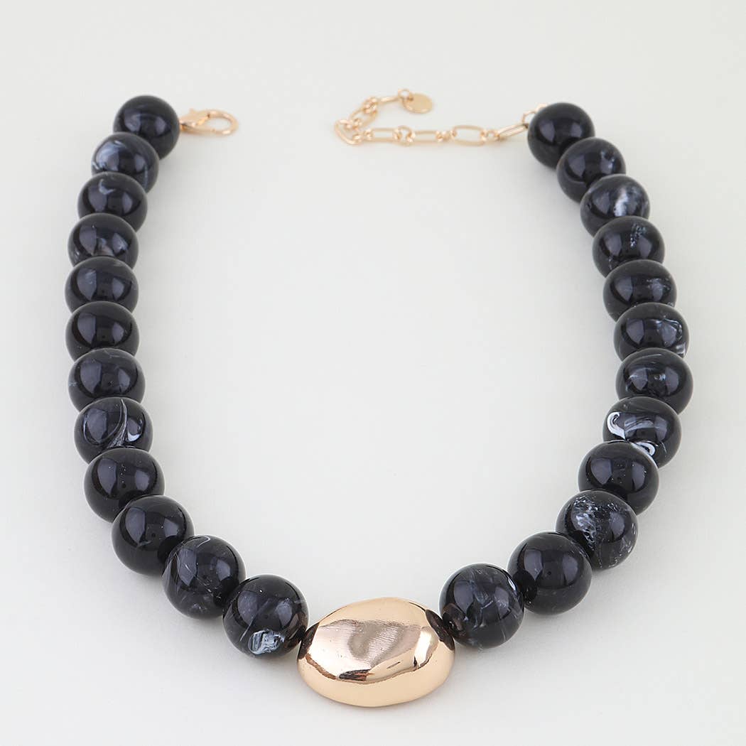 Black Polished Marble Beaded Pendant Necklace