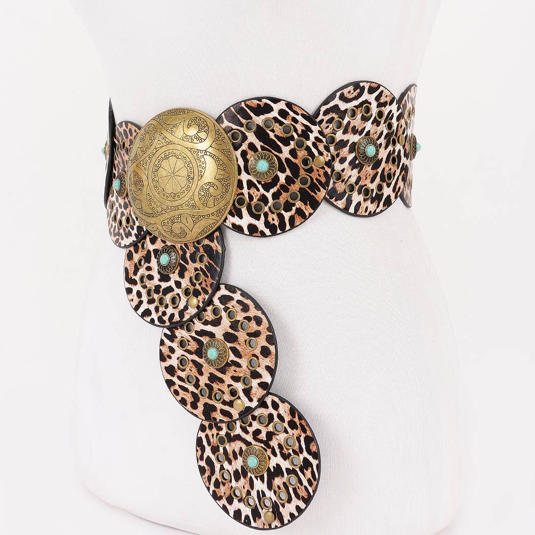 Faux Leather Disc Belt Leopard or Cow Print
