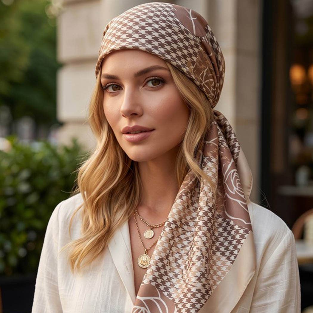 Taupe Vintage Rose & Houndstooth Silk-Feel Square Scarf