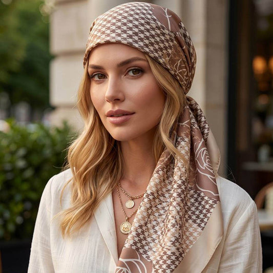 Taupe Vintage Rose & Houndstooth Silk-Feel Square Scarf