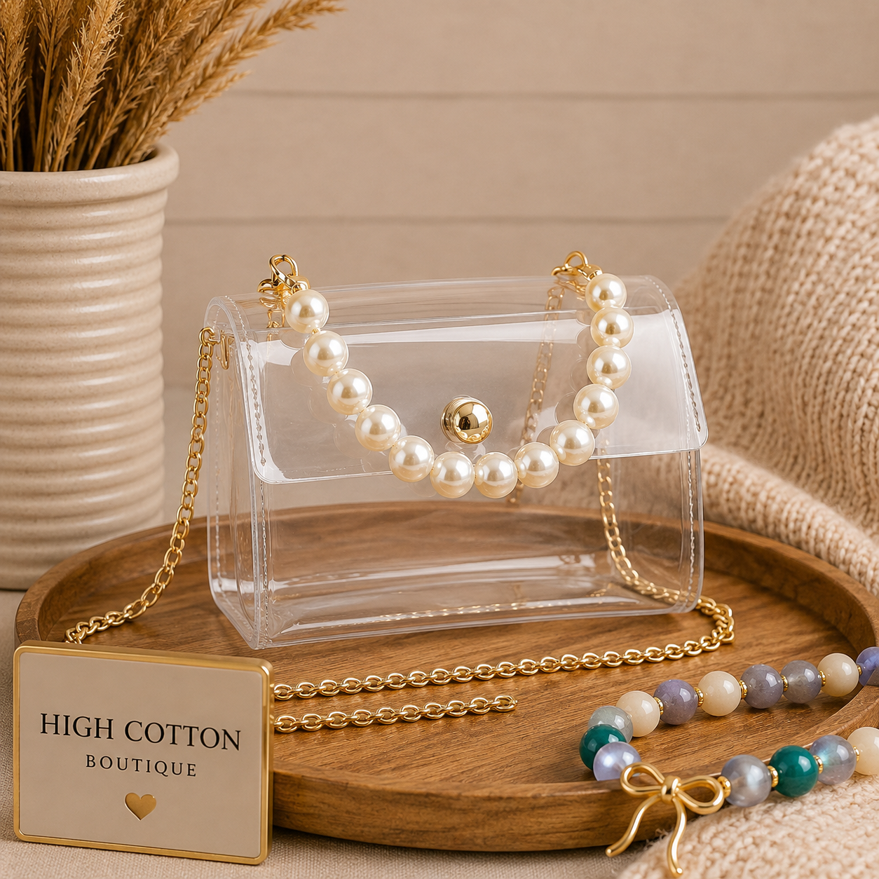 Transparent Pearl Handle Stadium Bag