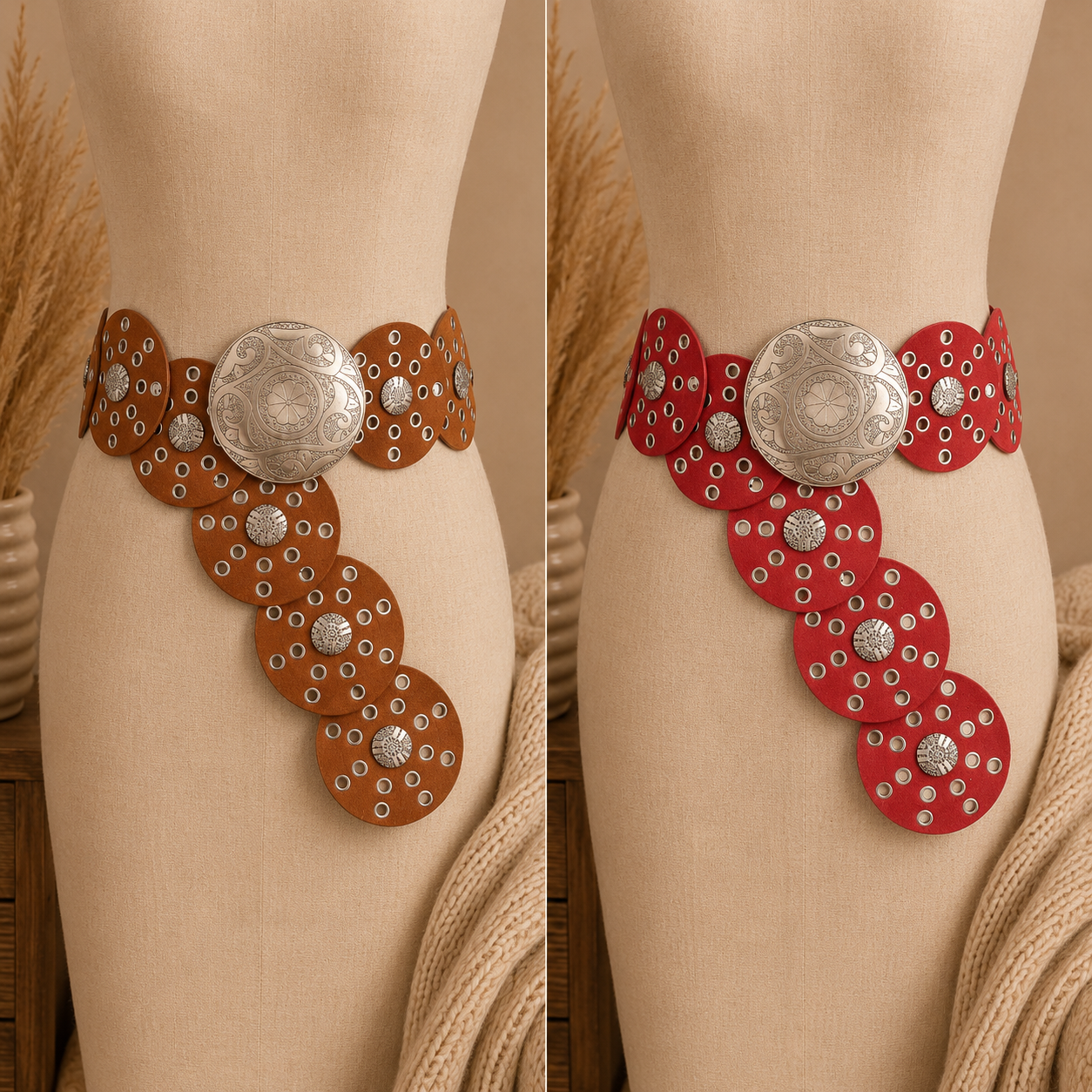 Faux Leather Disc Belt Brown or Red