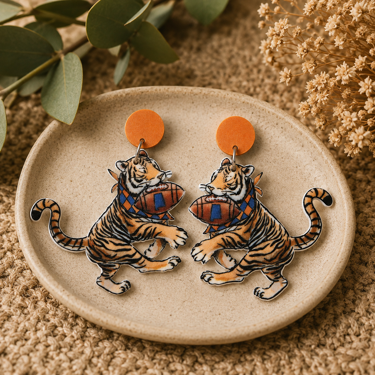 Navy and Orange Tiger Acrylic Earrings