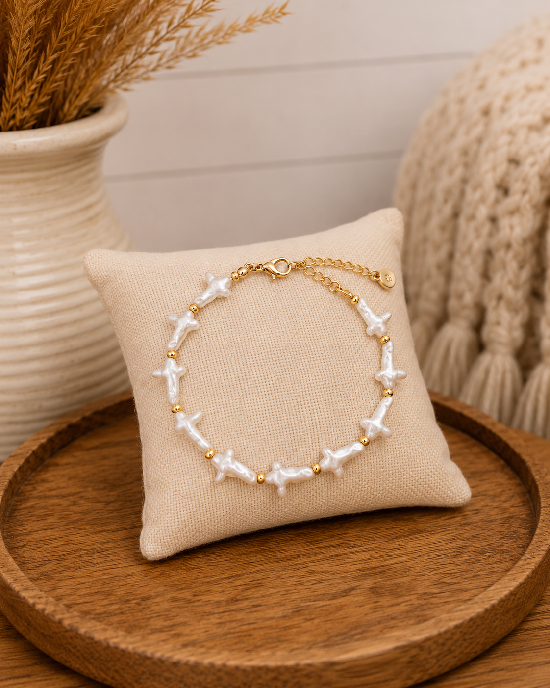 Organic Cross Pearl Bracelet: Gold