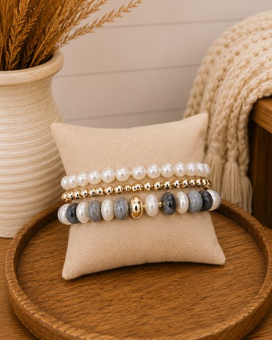 Color Marble Acrylic Bead Stretch Bracelet Set: Grey