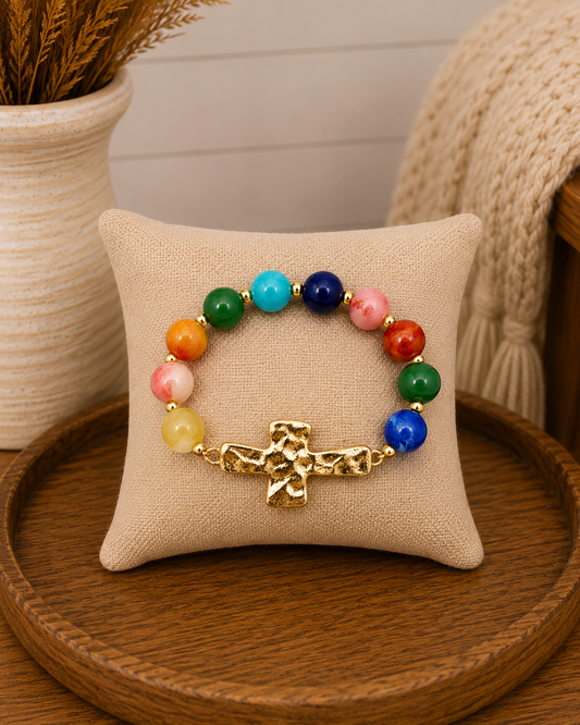 Hammered Cross Pendant Beaded Statement Bracelet - Multi