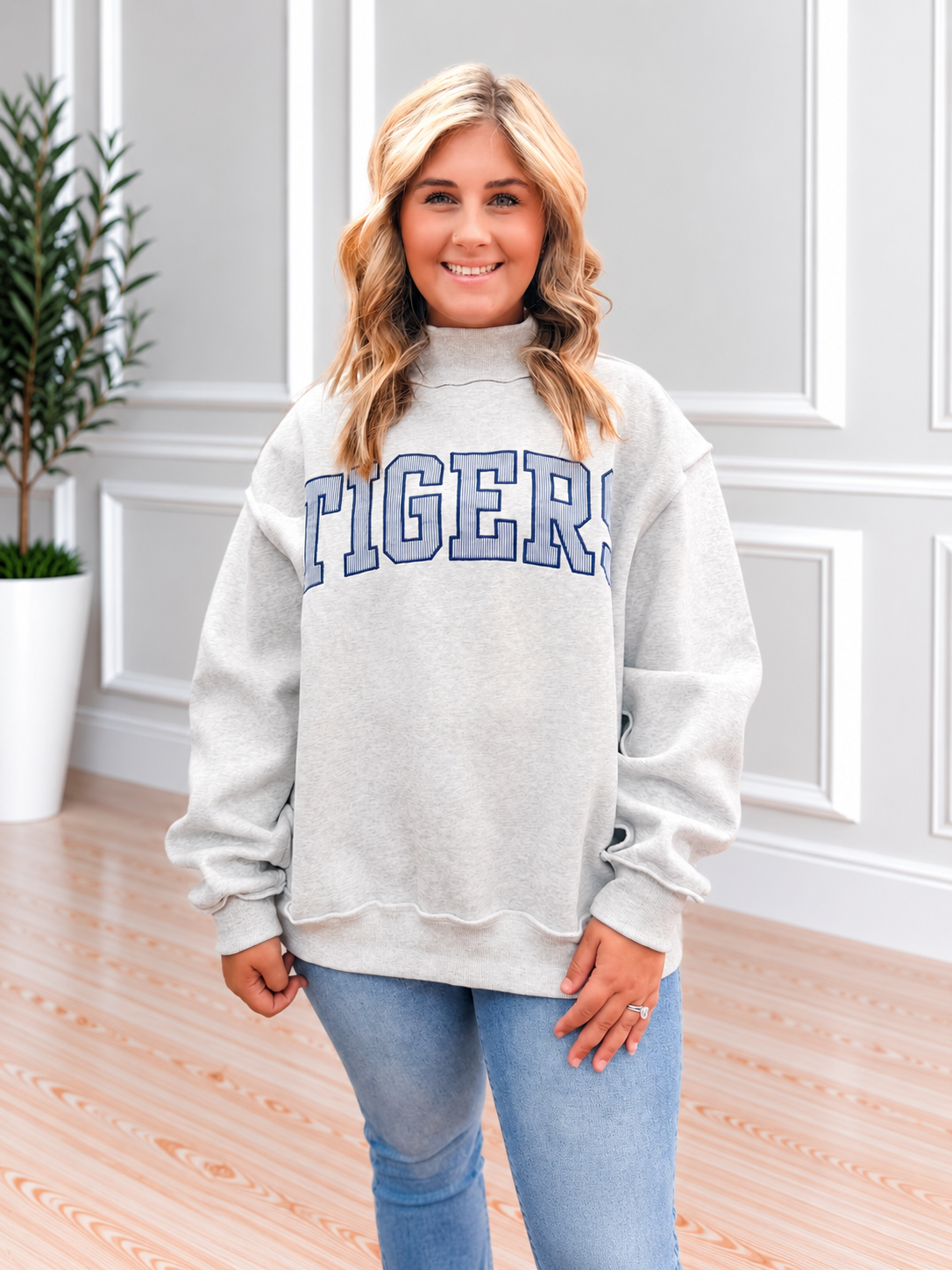 Tigers Embroidered Mock Neck Sweatshirt