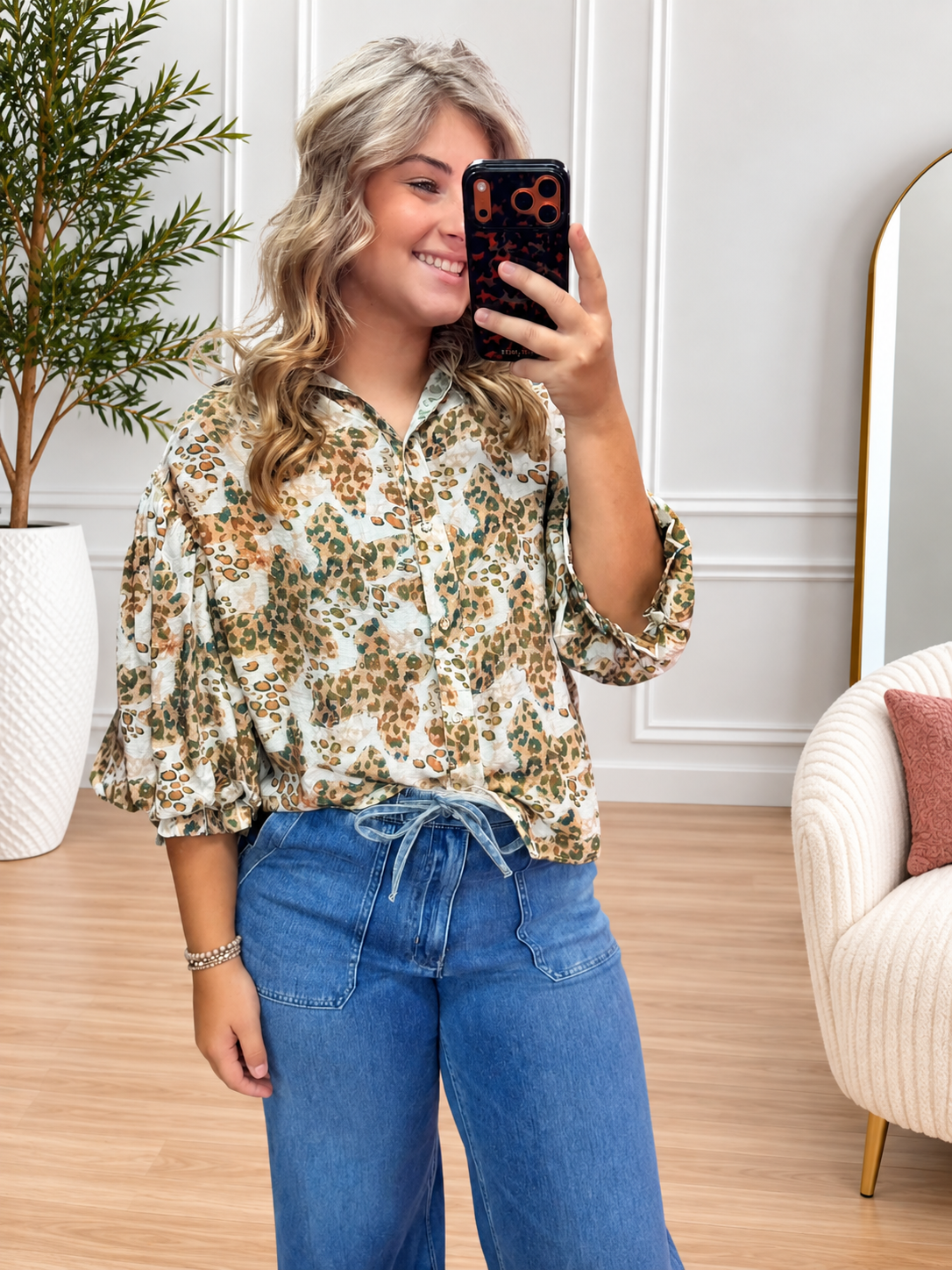 Grey Mix Leopard Print Button Down Blouse (Copy)
