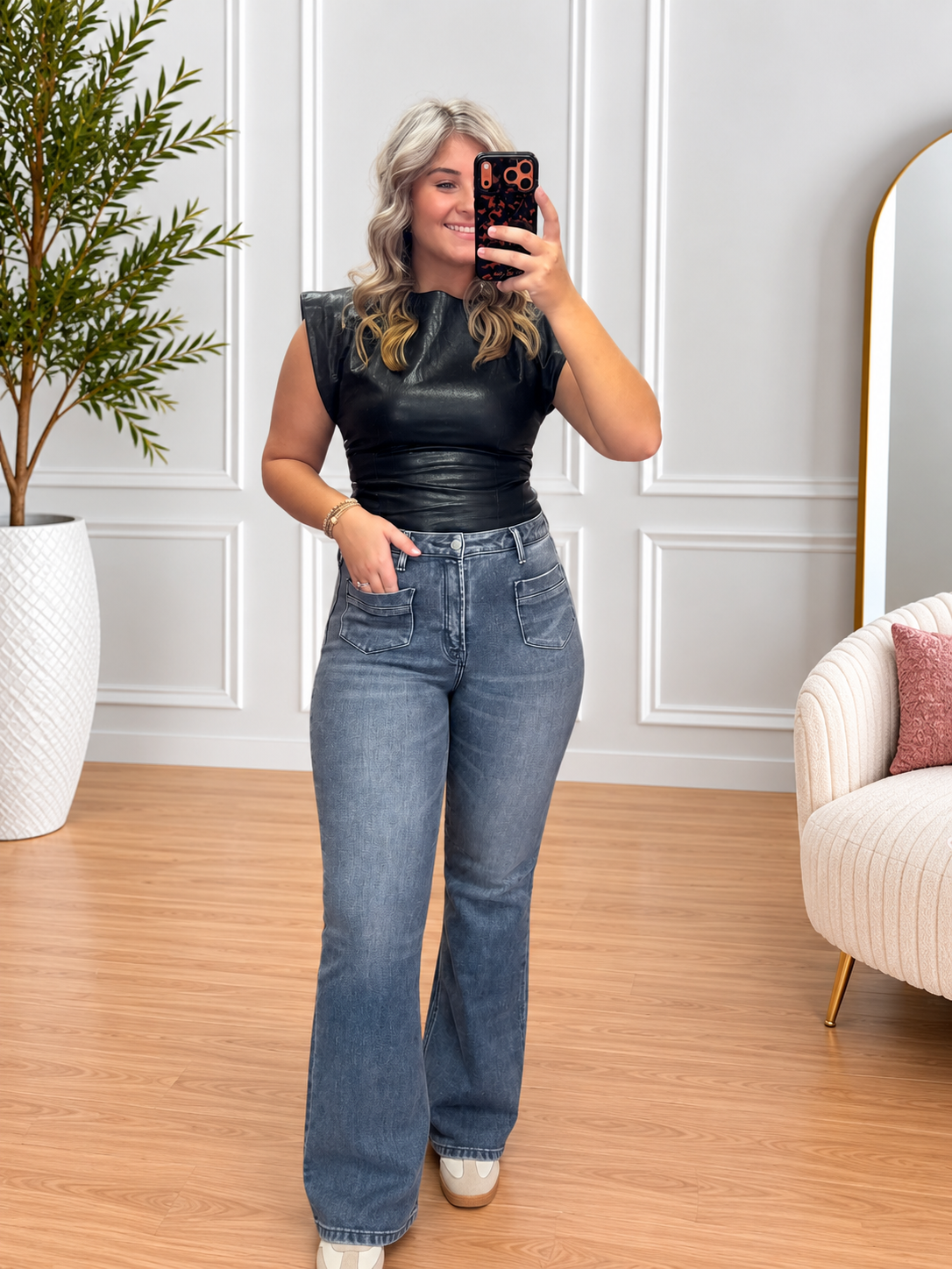 Lovervet High Rise Dark Grey Front Patch Pocket Flare Jeans