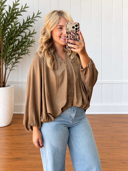 🤎 Mocha Muse Balloon Sleeve Bomber Jacket