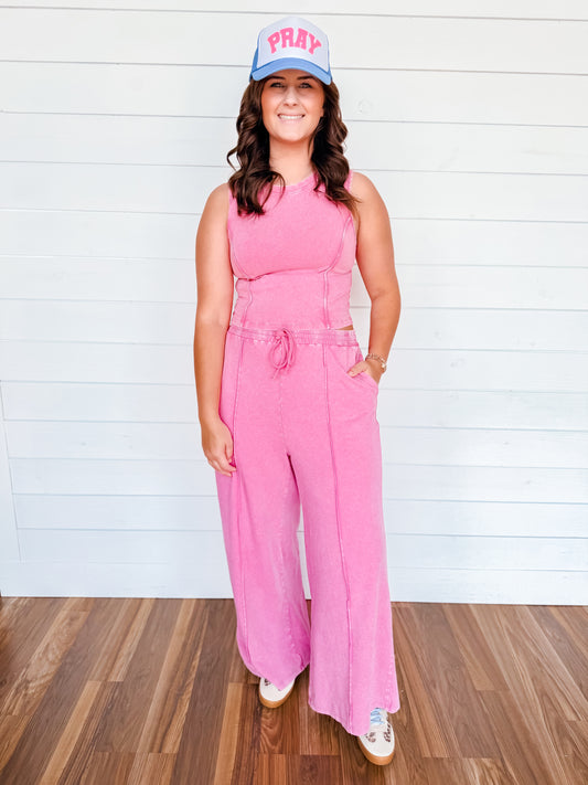 Fuschia Mineral Washed Sleeveless Top & Wide Leg Pants Set