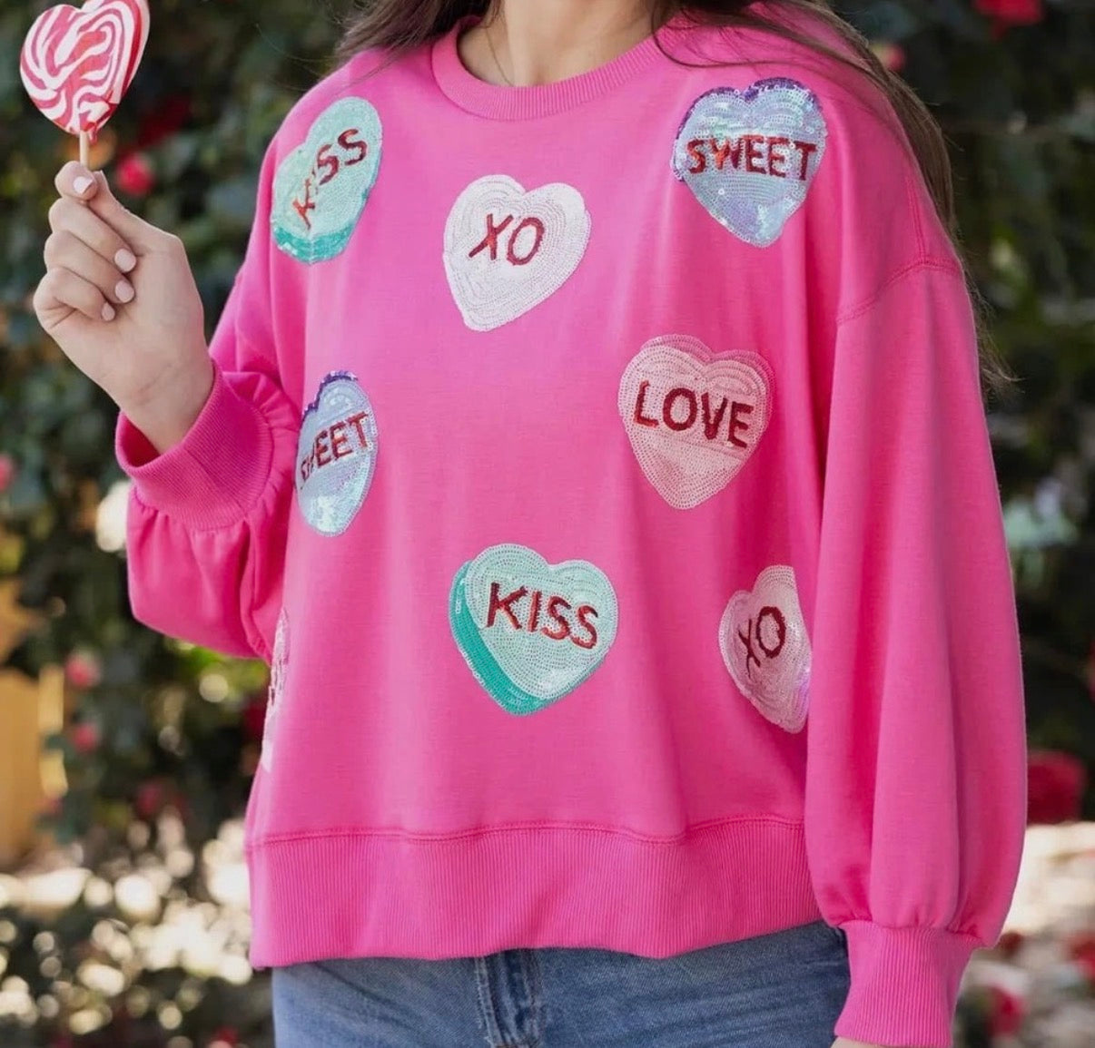 Mary Square Candy Hearts Cozy Sweatshirt