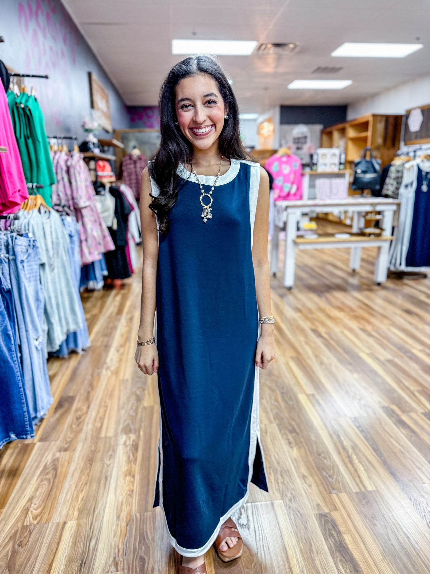 Navy Notch Midi Dress