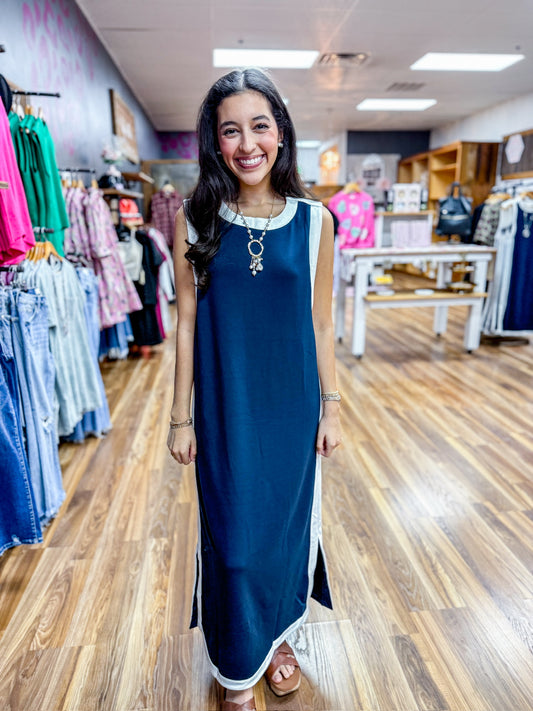 Navy Notch Midi Dress