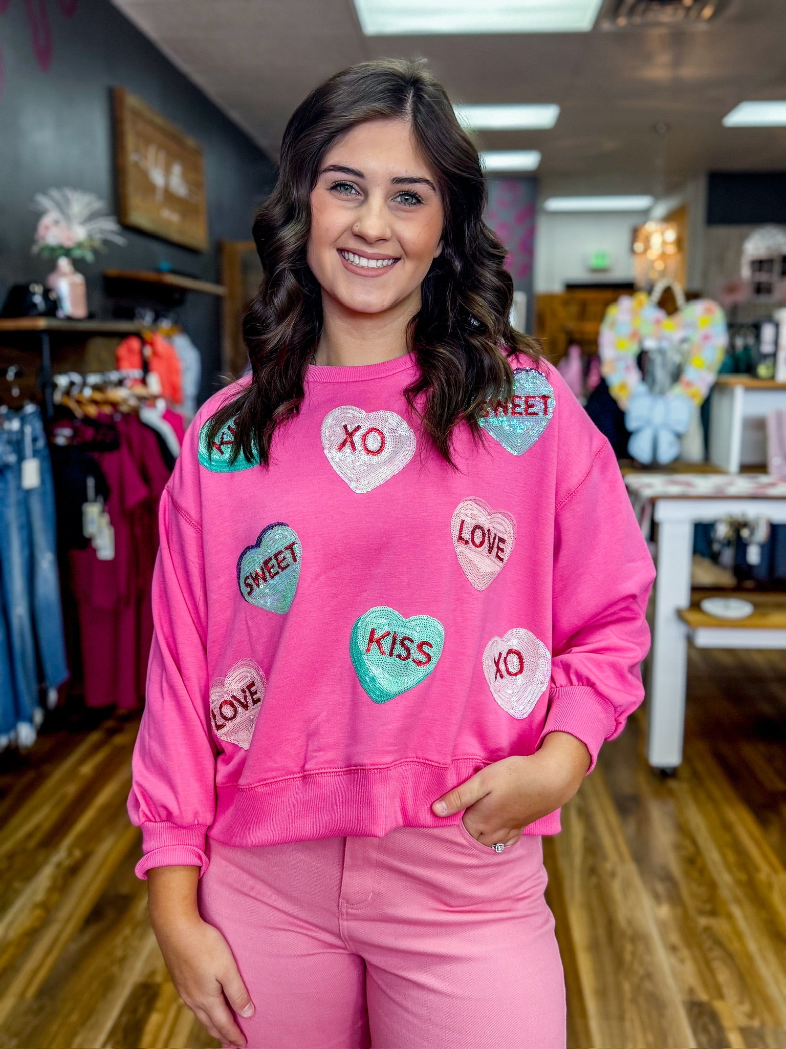Mary Square Candy Hearts Cozy Sweatshirt