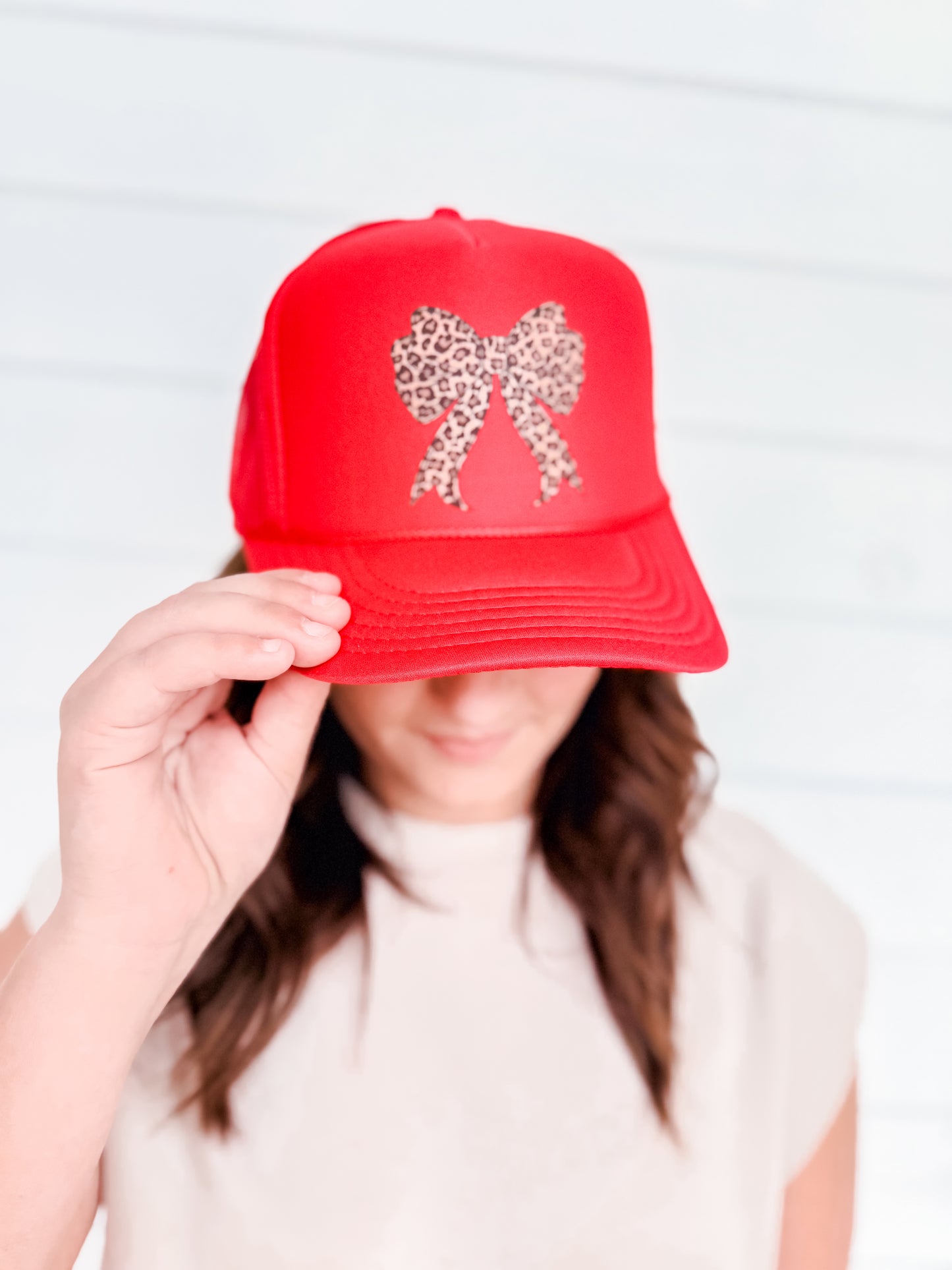 LEOPARD BOW on Red Foam Trucker Hat