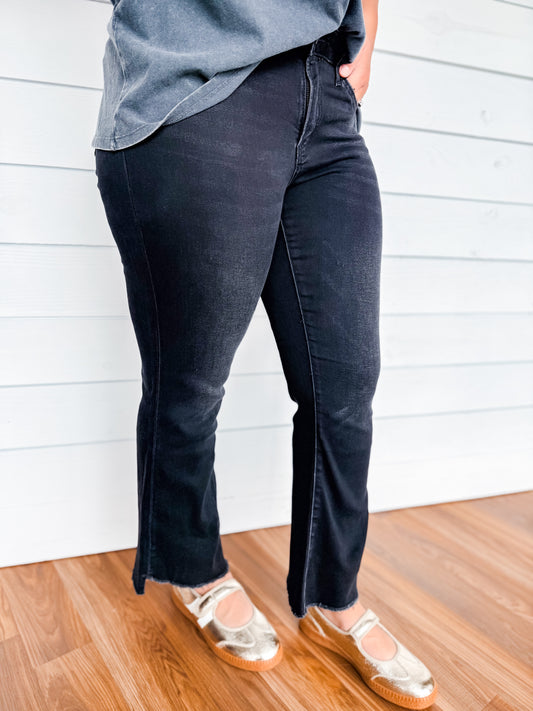 Vervet Mid Rise Raw Hem Black Crop Flares