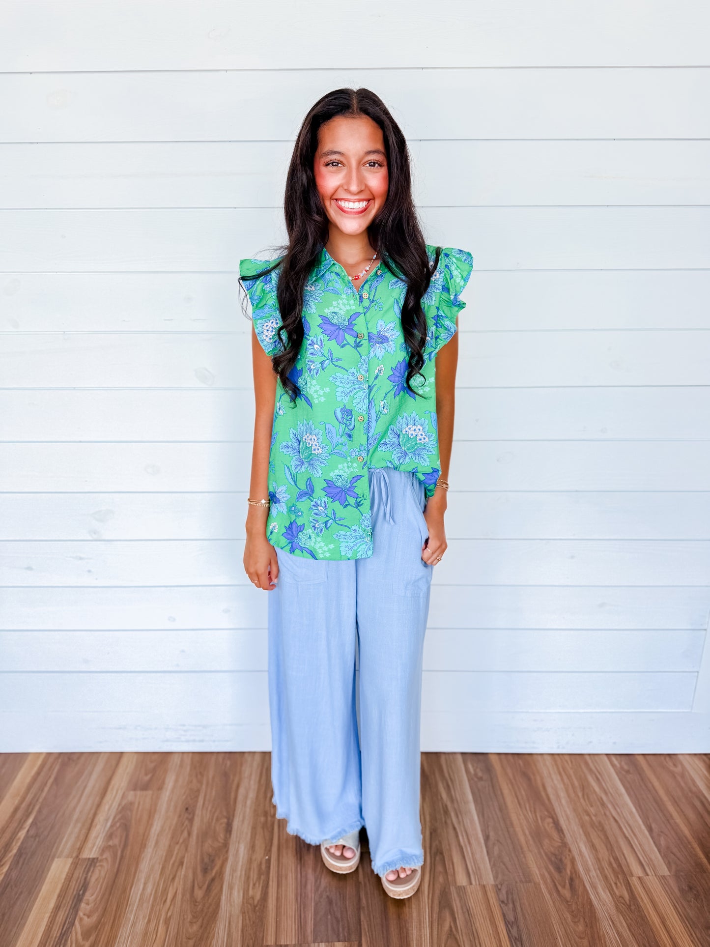 Green Meadow Ruffle Button-Up Top