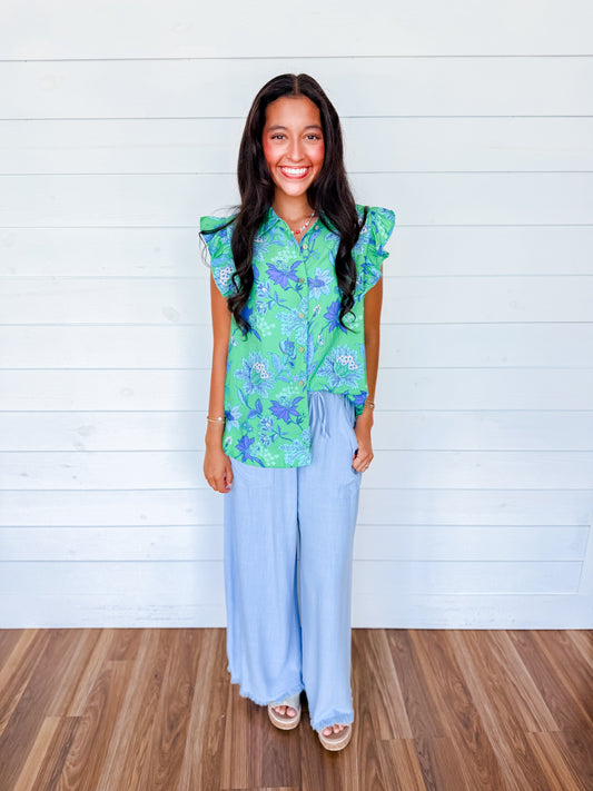 Green Meadow Ruffle Button-Up Top