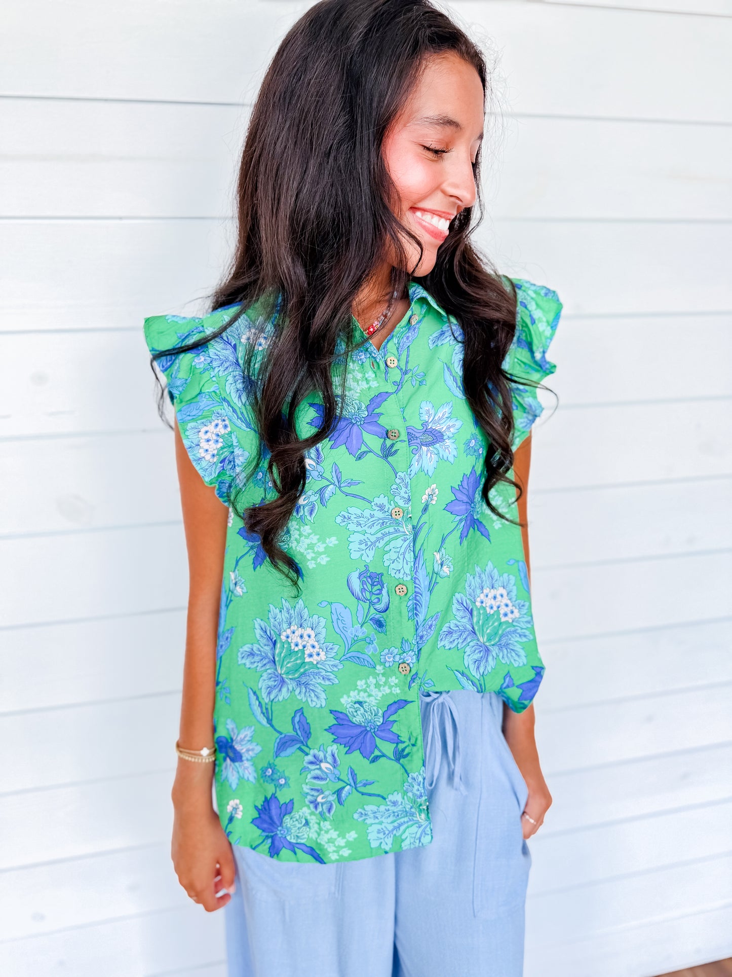 Green Meadow Ruffle Button-Up Top