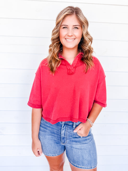 Cherry Raw Edge Retreat Top