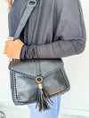 Distressed Vegan Leather Flapover Crossbody Bag with Tassel