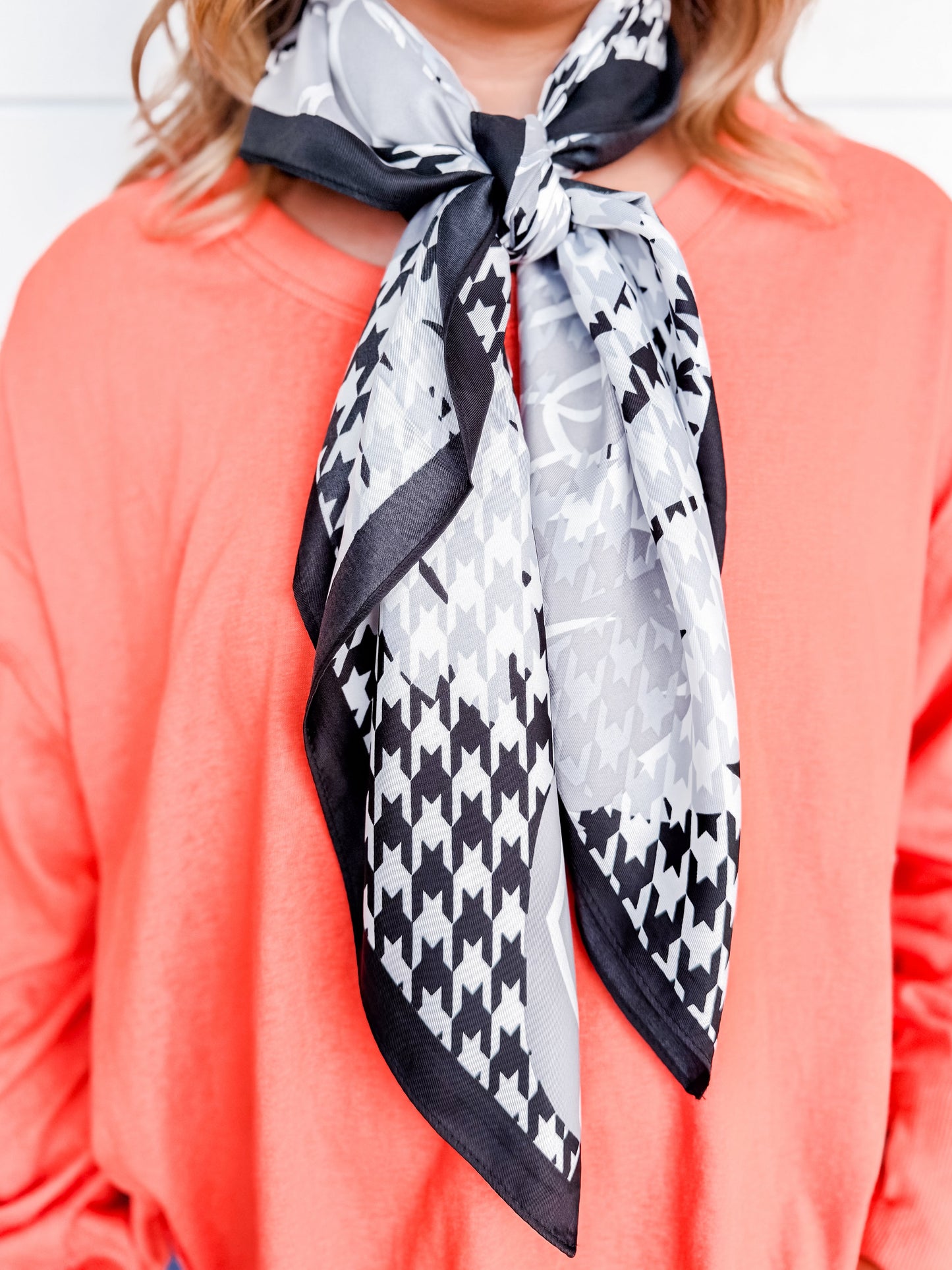 Black Vintage Rose & Houndstooth Silk-Feel Square Scarf