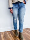 Risen High Rise Crop Bootcut Frayed Jeans