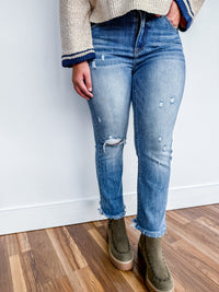 Risen High Rise Crop Bootcut Frayed Jeans