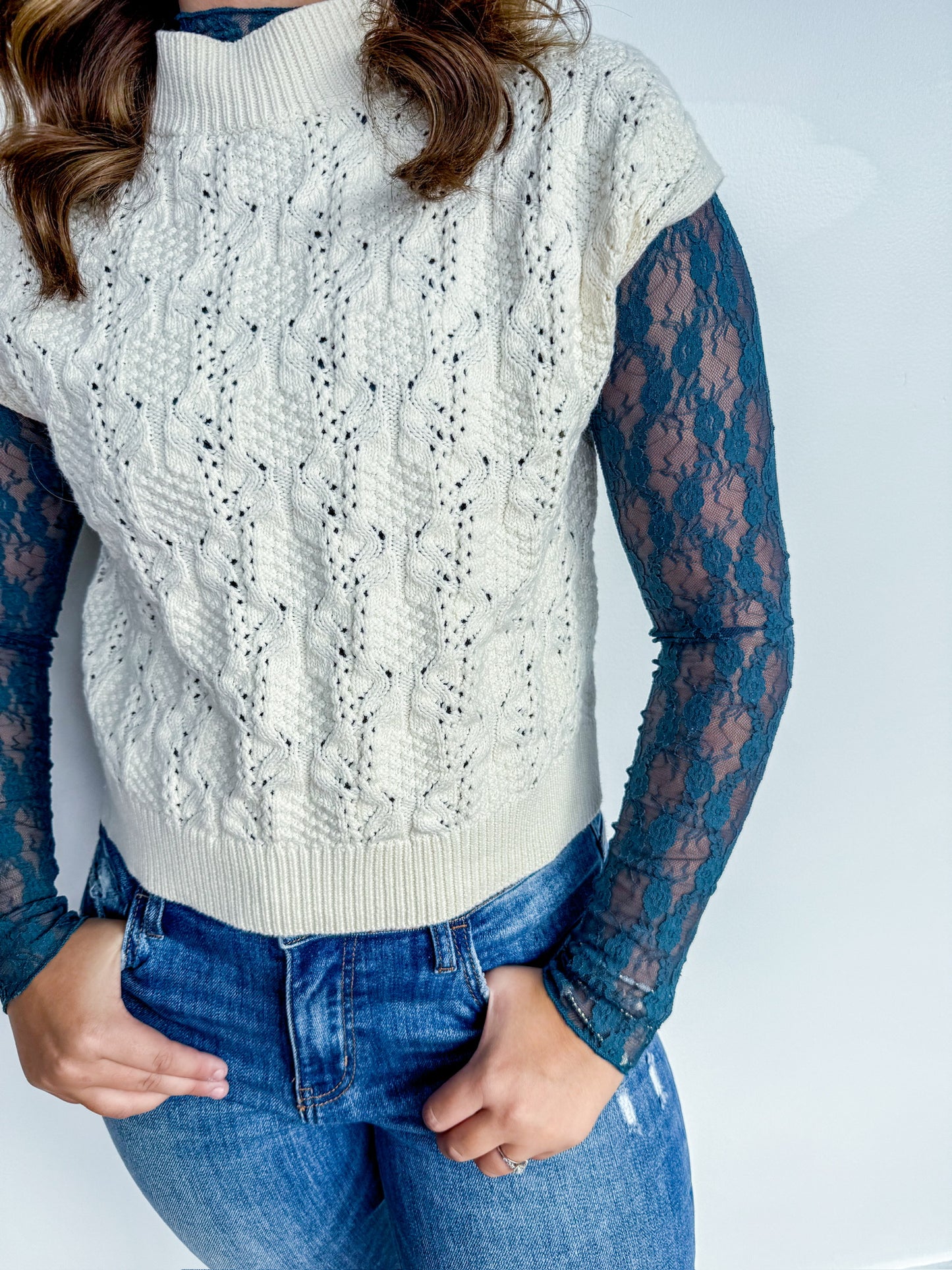 High Neck Fitted Sheer Mesh Lace Knit Top: FOREST