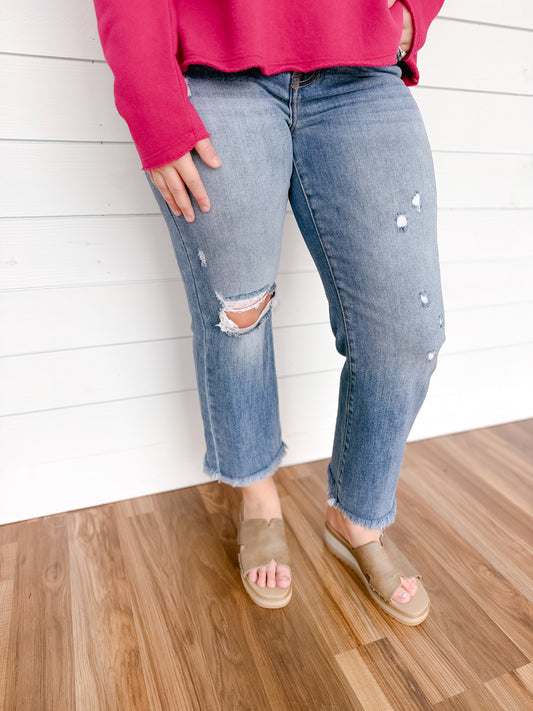 Risen High Rise Crop Bootcut Frayed Jeans